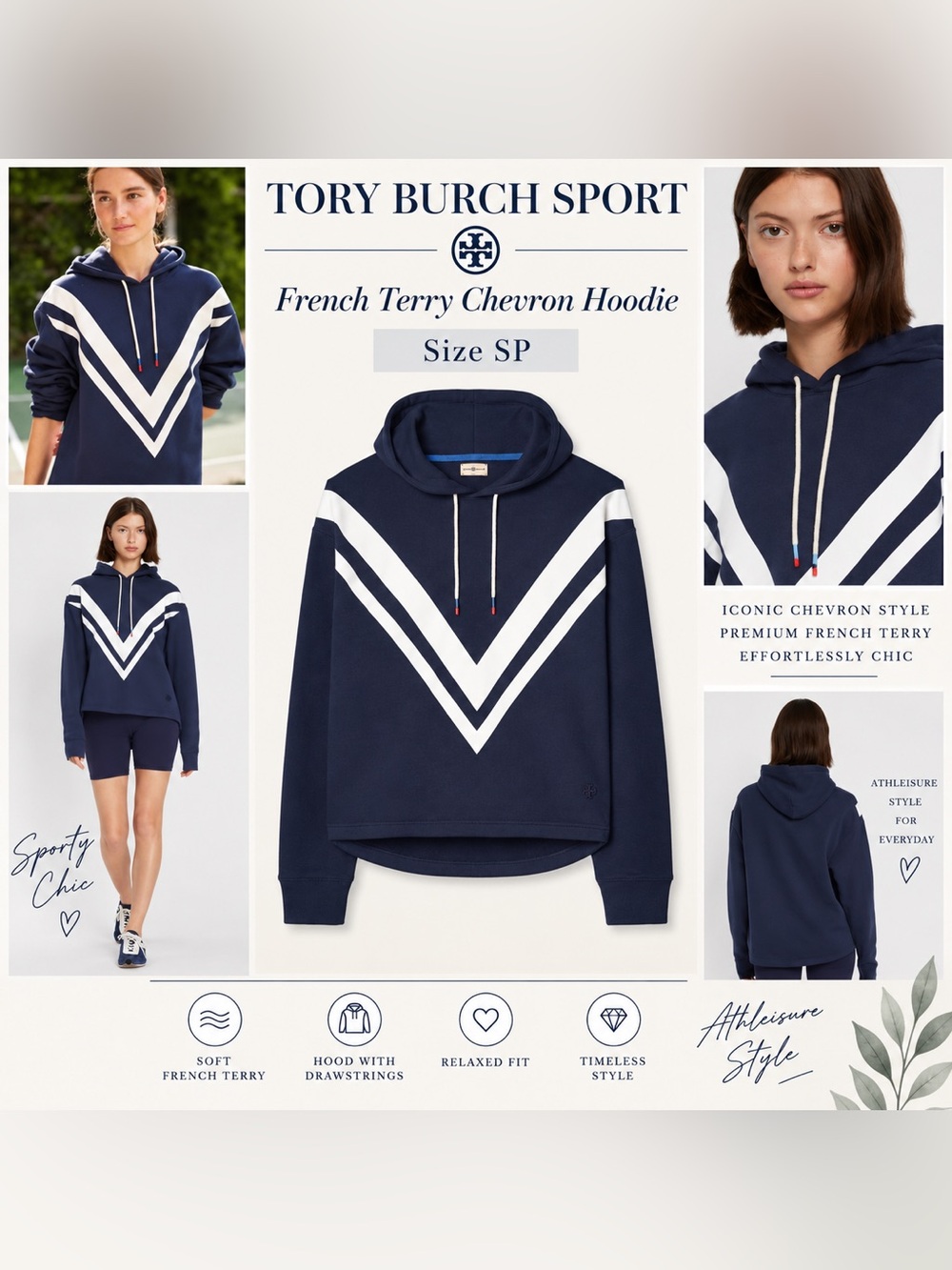 Tory Burch Sport French Terry Chevron Hoodie - Navy/White size S